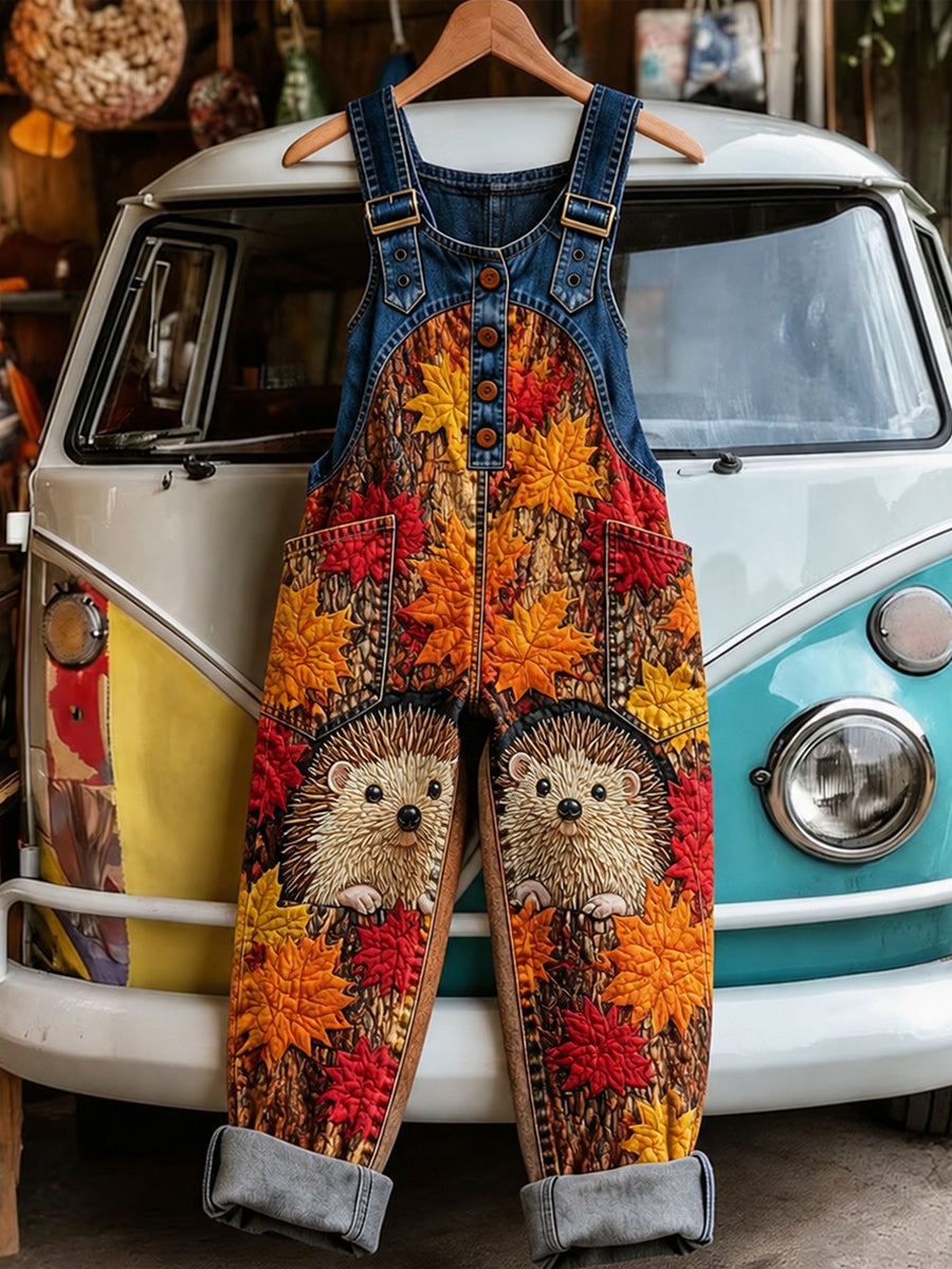 Women's Retro Style Art Print Washed Cotton Denim Patchwork Jumpsuit